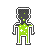 Pixel art figure with dark gray head and green torso, showing four sequential animation frames of green liquid dripping from head to torso.
