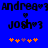 Pixelated blue background displays two identical side-by-side text pairs with heart symbols and orange star-like shapes below.