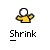 Pixelated character with white head and yellow body shrinks from full size to tiny size , each labeled 'Shrink' below
