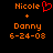 Two side-by-side pixelated text displays on black background, each showing 'Nicole', '+', 'Danny', and '6-24-08' in orange; left display includes red heart symbol next to Nicole.