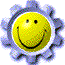 Three identical static frames of a yellow smiley face icon with purple gear-like border on white background, arranged in 2x2 contact sheet layout with bottom-right empty space.