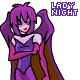 Pixel art of a purple-haired character with red lips and closed eyes, wearing a purple dress with pink accents and brown cape, standing against gray background.