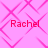 Pink background with intersecting pink lines forming diamond shapes, four instances of red text 'Rachel' in pixelated font.