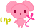 Two pink mouse-like characters with large ears and dark red eyes stand side-by-side against a gray background, one holding a pink flower and the other a green four-leaf clover.
