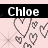 Animated buddy icon featuring the name 'Chloe' above a pattern of pixelated hearts on a light pink background with black header bar.