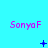 Cyan background with repeated pink 'SonyaF' text above three of blue pixel symbols that change across frames
