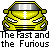 Pixelated yellow car with white racing stripes and checkered headlights, positioned above text reading 'The Fast and the Furious' on a gray background.