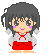 Pixel art character with dark gray hair, pink cheeks, red shorts, and a white top with red accents; two expressions show open eyes on left and closed eyes on right.