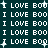 A dark teal background displays repeated white pixelated text "I LOVE BOO" with scattered small white star-like sparkles.