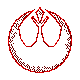 Red circular outline with internal shapes transitioning from symmetrical lungs to a single vertical form, then back to asymmetrical lung-like structures
