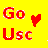 Yellow background with red 'Go' text, red heart symbol, and red/blue 'Usc' text in four positions; blue color shifts on 'Usc' letters across frames