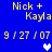 Blue background displays yellow text "Nick + Kayla" and date "9/27/07" with a white heart icon that alternates to light purple in animation.