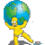 Static pixel art of a yellow stick figure holding a large blue-green globe above its head against a gray background.