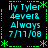 Pixelated cyan text on black background with green dotted borders and star shapes, displaying 'ily Tyler 4ever& Always 7/11/08' in four identical quadrants.