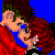 Pixelated image of two characters with red hair, one embracing the other against a blue background, next to text reading "all i wanted was you but you never knew..." in blue pixel font.