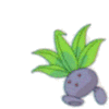 Animated sequence of a cartoon root vegetable with green leaves, gray body, and red eyes, showing varied mouth shapes and limb positions against a gray background.