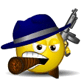 Animated contact sheet of a yellow cartoon character wearing a blue fedora with silver band, holding a cigar and two pistols, showing various facial expressions and hand movements across 25 sampled frames.