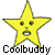 Pixelated yellow star-shaped mascot with a face, white outline, and black text reading "Coolbuddy" below it on a gray background.