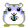 Pixel art hamster with light purple body, white belly, black eyes, pink nose, and blue stripes on cheeks. The hamster holds a dark green object in its paws across multiple expressions.