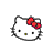 Pixelated static image of a white cat-like character with black eyes, green nose, and red bow on gray background.