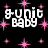 Pixelated text 'g-unit baby' in white with pink starbursts on black background, partially cropped at right edge.