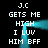 Pixelated text and cyan light trails on black background, repeating 'J.C GETS ME HIGH I LUV HIM BFF' in two vertical with animated glow effects