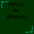 Dark green background with cyan star-shaped animations and pixelated text reading 'hello im shineLL' in three lines.