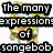 Six pixelated Spongebob Squarepants expressions with overlaid text: 'The many expressions of songebob', 'OMG!!', 'YES!!!', 'GIGGLE!', 'RAWRI!', and 'HOLY SHIT!' on varied backgrounds.