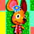 Pixelated cartoon character with orange fur, large pink ears, blue flower on head, red dress, and green background.