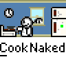 Animated contact sheet showing 12 sequential frames of a pixel art kitchen scene with stick figures cooking, repeated across three rows on a gray background.