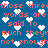 Blue background with repeating red text and white pixelated hearts scattered across the surface.