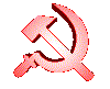 Red hammer and sickle symbols in various 3D orientations and lighting conditions on a gray background.