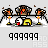 Pixel art animation of a central figure with brown hair and red eyes flanked by two smaller figures, all standing on yellow bases against gray background.