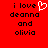 Red background with black pixelated text reading 'i love deanna and olivia' on both sides, one side featuring a white heart symbol replacing the word 'love'.