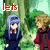 Two anime-style characters in a forest setting with text overlays changing across frames.