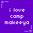 Purple background with white pixelated text reading 'i love camp makeeya' repeated in a pattern, surrounded by small star and dot decorations