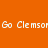 Orange background with repeated white pixelated text 'Go Clemson' and purple rectangular bars in a static layout.