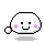 Pixel art contact sheet of a white round character with pink cheeks and black eyes in multiple expressions, including smiling faces and mouth-closed poses, alongside repeated Japanese text 'し～っ！' on gray background.