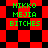Green pixelated text "HIKKO MEJIA BITCHES" on red and black checkered background with two distinct patterns