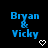Blue pixelated text 'Bryan' and 'Vicky' with a blue ampersand between them, two white pixelated hearts below, on a black background.