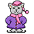 Pixelated cartoon bear wearing purple coat, pink bow tie, and Santa hat with pom-pom on gray background.