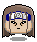 Pixel art head with brown hair, blue forehead band, and silver spiral symbol; four variations show differing eye shapes and mouth expressions.