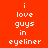 Red background with white pixelated text reading "i love guys in eyeliner" arranged across multiple , some sections highlighted by dark green rectangular overlays