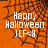 Orange background with black spiderweb pattern, white text reading "Happy Halloween JEF<3" in three lines.