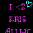 Pixelated text and symbols on black background with cyan heart animation, showing 'I <3' above 'KRIS' and 'ALLY' in pink.