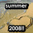 Pixelated beach scene with heart-shaped sand drawing, overlaid text 'summer', '2008!!', and 'Tanned skin' on a sandy background.