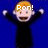 Pixelated cartoon character with orange hair and black clothing against blue background, arms raised, text overlays change across frames.
