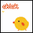 Pixelated yellow chick with orange beak and feet, black eye, red cheek patch; orange 'chick' text above with animated heart sequence.