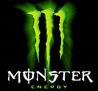Static image of a green Monster Energy logo with stylized text on black background.