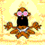 Pixelated cartoon character with brown limbs and black torso sits in lotus pose, wearing white diaper, against yellow patterned background with circular light effects.